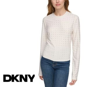 DKNY Jeans Studded Crewneck Long-Sleeve Casual Top - Ivy (Ivory) - Size Medium